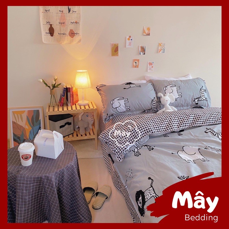 Bộ chăn ga gối Cotton Poly màu xám hoạ tiết sở thú MÂY BEDDING đủ kích thước nệm