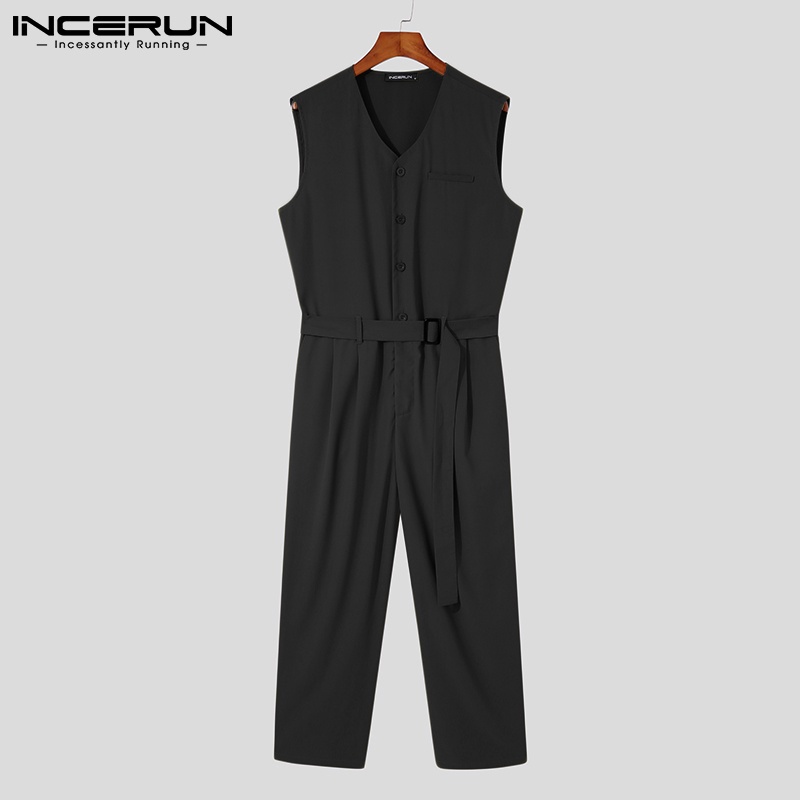Bộ áo liền quần INCERUN dành cho nam thiết kế cổ chữ V không tay dáng rộng trơn màu phong cách đường phố