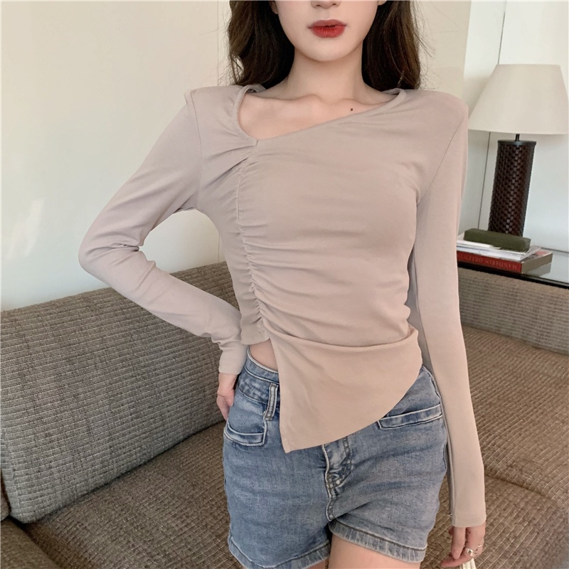 Áo thun tay dài xẻ tà lưng cao thời trang mùa thu phong cách Hàn Quốc cho nữ 210927