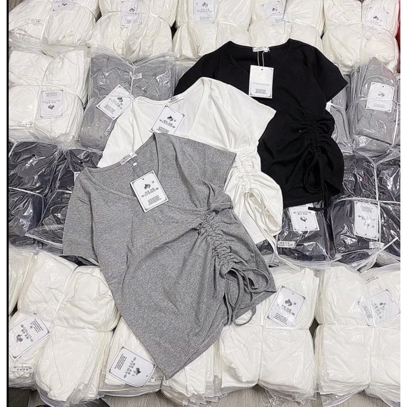 ⚡️BÁN SỈ⚡️Áo cộc tay rút dây lệch 3 màu đen, trắng, xám