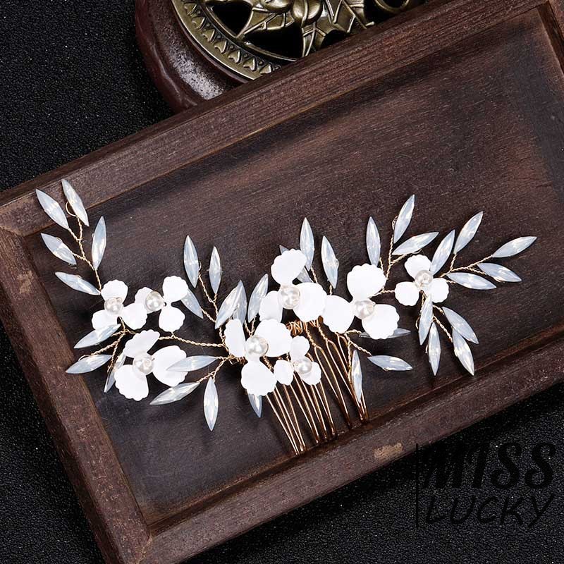 ❤HHN-VN White Leaf Flower Gold Hair Comb Pearl Bridal Hair Jewelry Handmade Wedding Accessories Wome