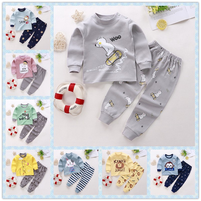 Set quần áo cotton tay dài họa tiết hoạt hình dễ thương thời trang cho bé 73-120