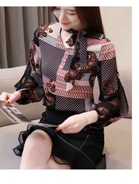 Áo sơ mi nữ hoạ tiết -áo voan cột nơ