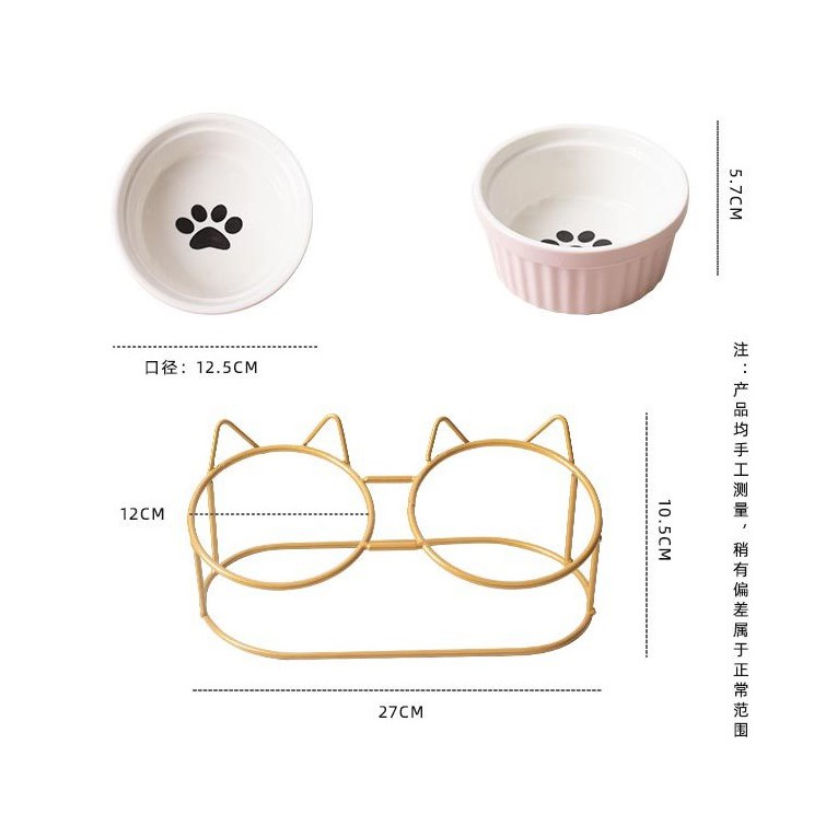 Bát ăn đôi cho mèo, Bát bằng sứ kèm chân đế sắt tai mèo