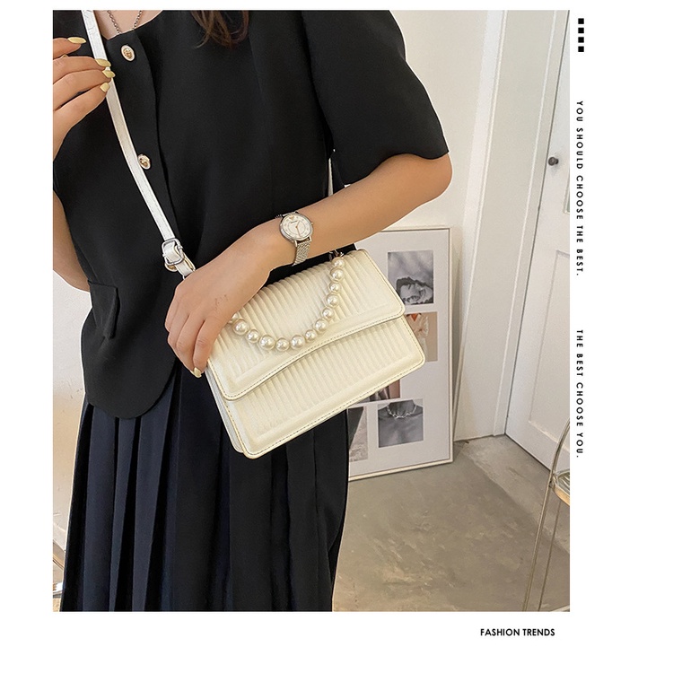 Túi Đeo JASMIN NOIR Chéo Nắp Gập In Họa Tiết Kẻ Sọc Đính Ngọc Trai Thời Trang Cho Nữ