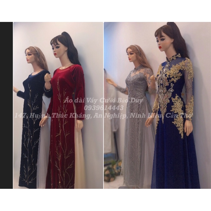 Áo dài tiệc màu xám đính đá trung niên hoặc sui gia tiệc