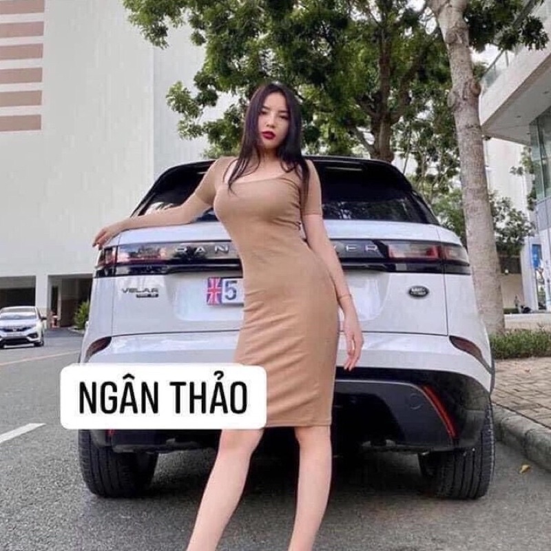 Váy body nữ tay lỡ cổ vuông dáng dài chất thun bozip co dãn nhiều màu duyendell