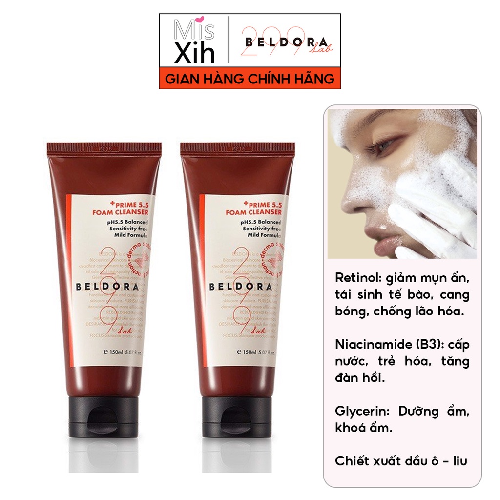 Sữa Rửa Mặt Tạo Bọt Nhẹ Cho Da Nhạy Cảm BELDORA 299 Prime 5.5 Foam Cleanser 150ml - Miss Xinh