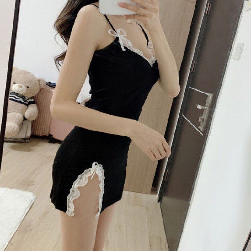 Váy Ngủ Nữ 2 Dây Sexy Phối Ren Ngực Họa Tiết Viền Tinh Tế,Cổ Váy Thiết Kế Chữ V Khoe Vòng1 Quyến Rũ(CÓ MÚT TRONG)mã DAY3