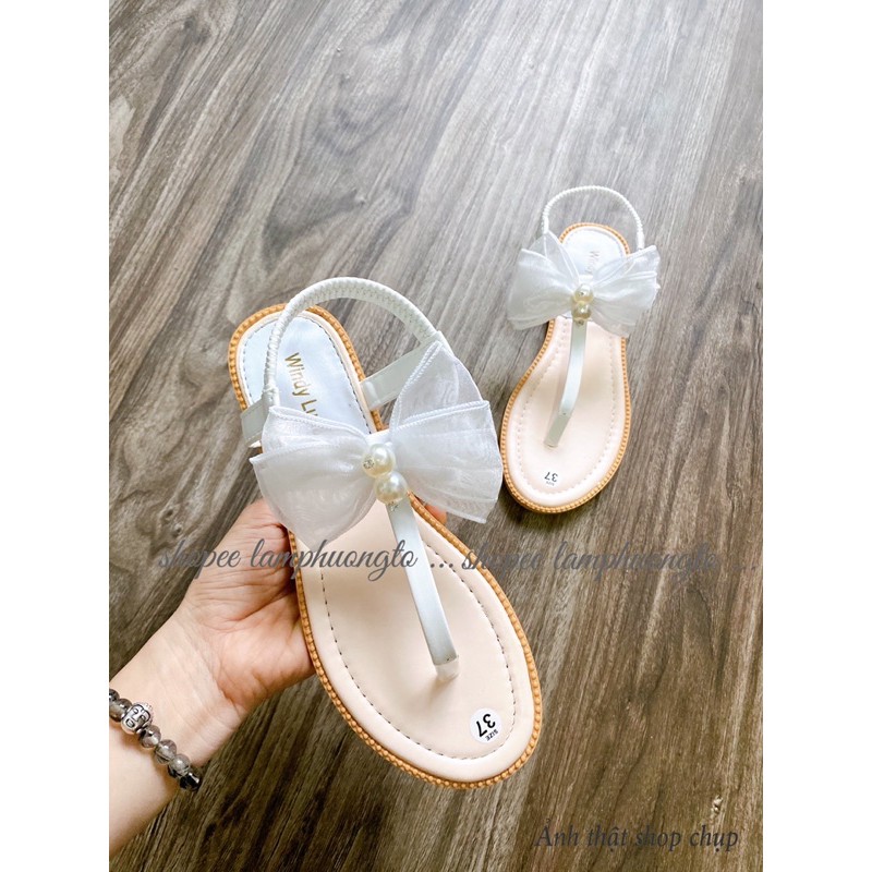 Giày sandal quai kẹp ngón đinh nơ voan tiểu thư KV