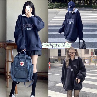 Áo hoodie xanh dương dài tay phong cách Hàn Quốc, áo Sweater nỉ cổ bẻ form rộng