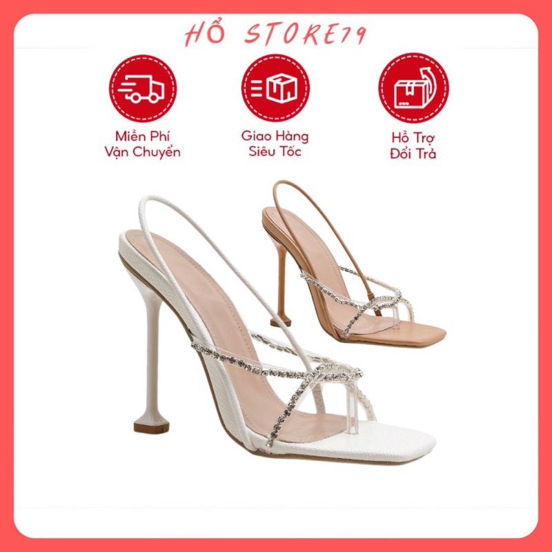 Guốc nữ cao gót, dép kẹp quai mảnh đính đá gót ly thời trang cao 8cm [M37]