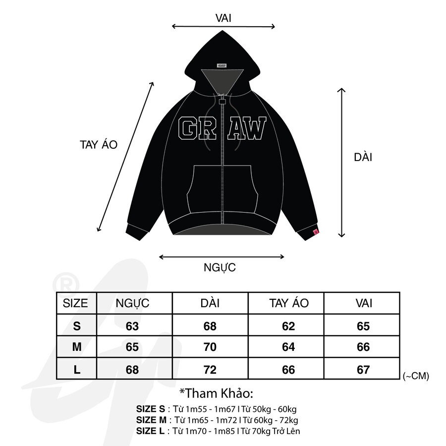 Áo HOODIE ZIP Màu Đen Basic Graw - Đen