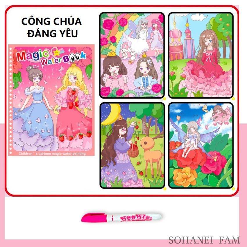 Tranh Sách Tô Màu Nước Ma Thuật Kèm Bút Nước Có Thể Tái Sử Dụng, Không Cần Thay Mực, Không Sợ Vây Bẩn - SOHANEI FAM