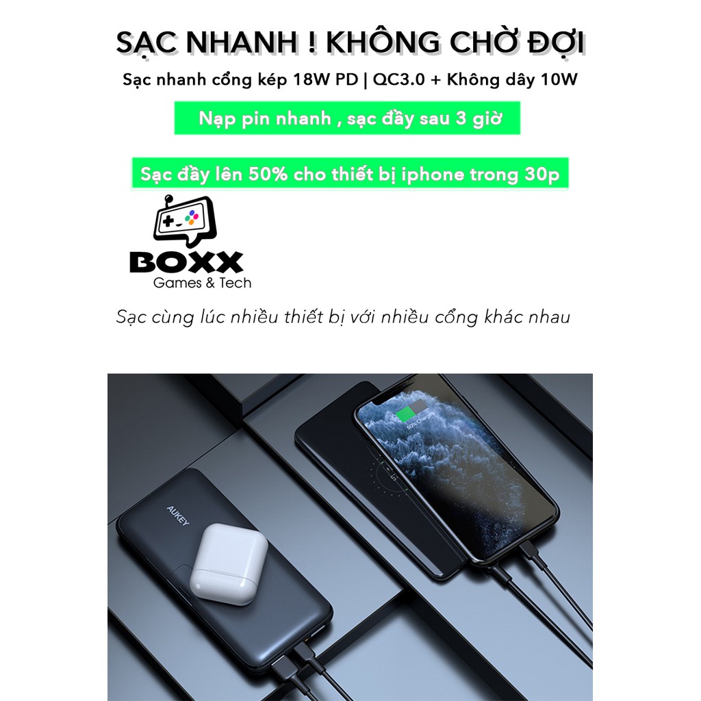 Pin Sạc Dự Phòng 10000mAh Aukey PB-WL02, PB-WL03S 20000mAh PD 18W, QC 3.0, Không Dây Qi 10W