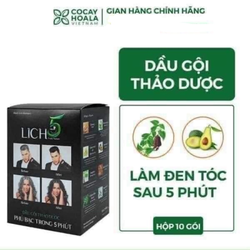 Dầu gội thảo dược phủ bạc nhuộm đen tóc LICH5 - Hộp 10 gói Cỏ Cây Hoa Lá