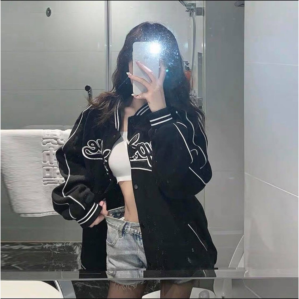 Áo khoác Bomber Supreme Varsity màu đen thêu chữ - vải dù hai lớp kiểu dáng trẻ trung cho nam và nữ MAYLANSTOE