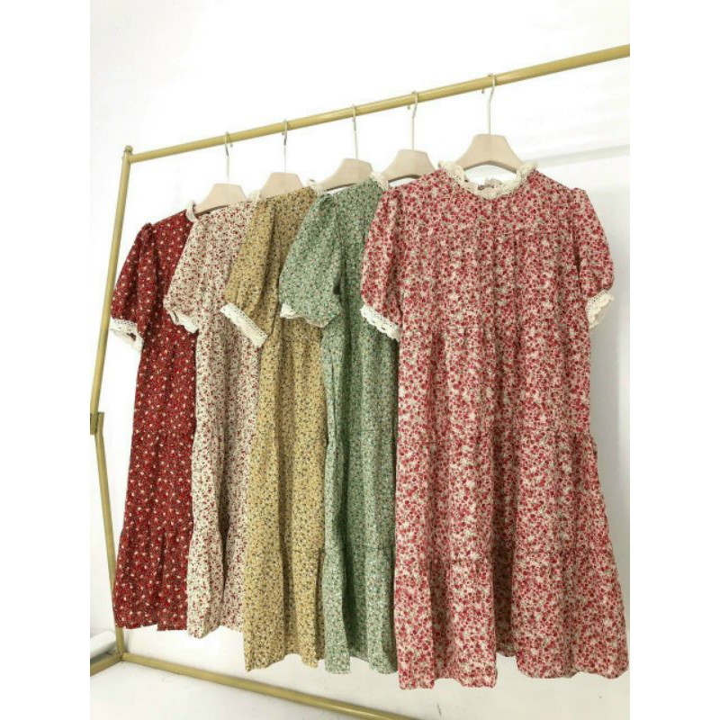 Đầm hoa nhí vintage dáng dài viền ren cộc tay váy tiểu thư dáng dài ulzzang váy bầu đẹp mặc xinh