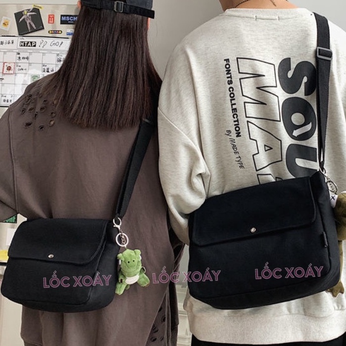 Túi Vải Đeo Chéo Unisex Chất Canvas Cao Cấp Có Khóa Bấm Và Ngăn Nhỏ Bên Trong Thời Trang Ulzzang Hàn Quốc