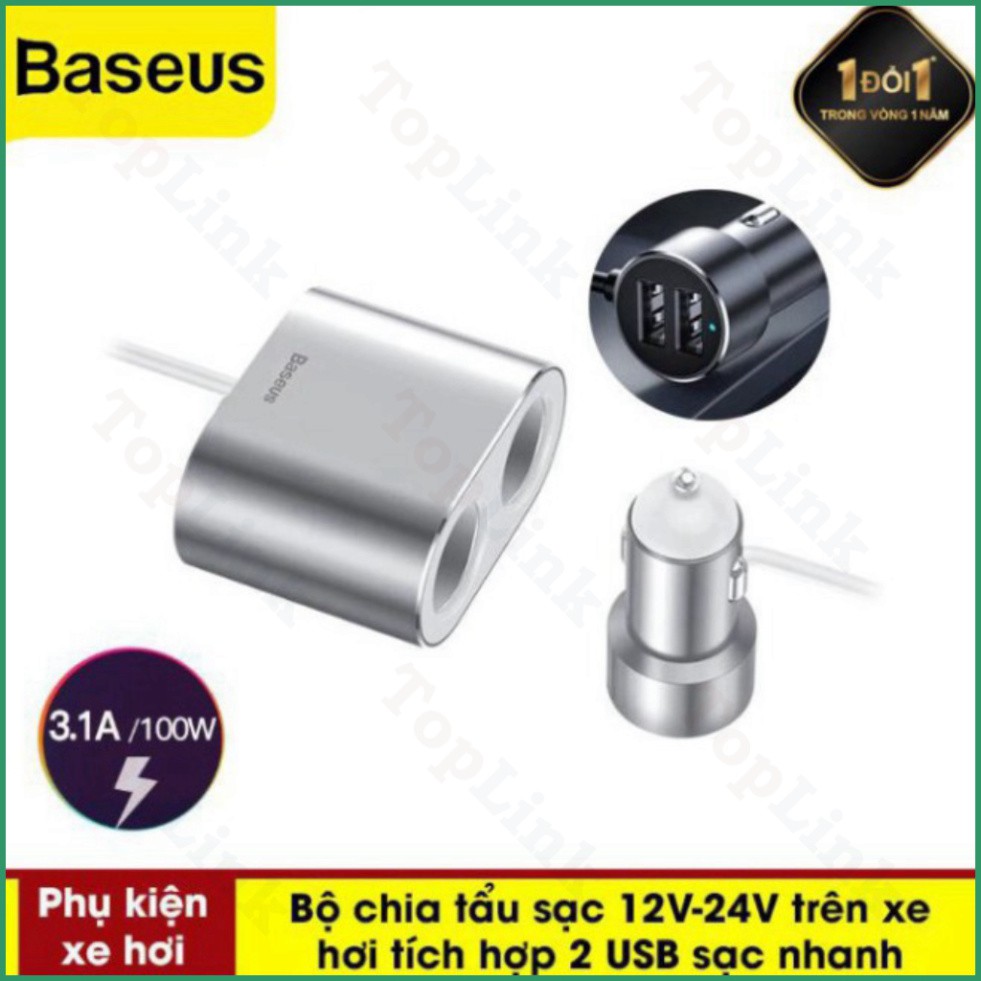 Bộ Chia Tẩu Sạc Trên Xe Ô Tô Baseus 12 V-24V Tích Hợp 2 Cổng USB Sạc Nhanh Công Suất 100w