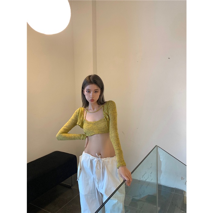 DUNEA Set Áo Hai Dây + Áo Khoác Cardigan Phong Cách Vintage Nữ Tính