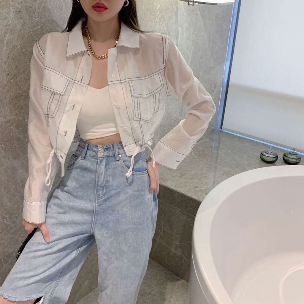 Áo Khoác Chống Nắng Mỏng Dáng Ngắn Dây Rút Xuyên Thấu Thời Trang Mùa Hè Cho Nữ