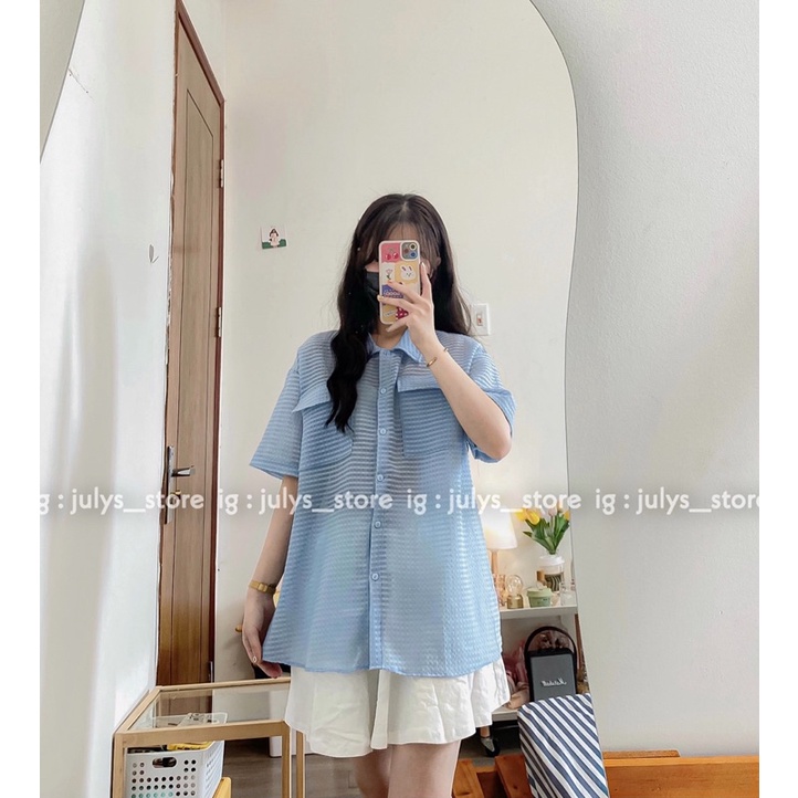 Sơ mi tay cộc kẻ nổi xuyên thấu