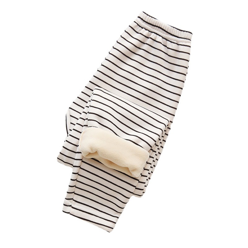Quần cotton phối nhung ấm áp họa tiết kẻ sọc phong cách Hàn Quốc thời trang thu đông cho bé 90-160CM