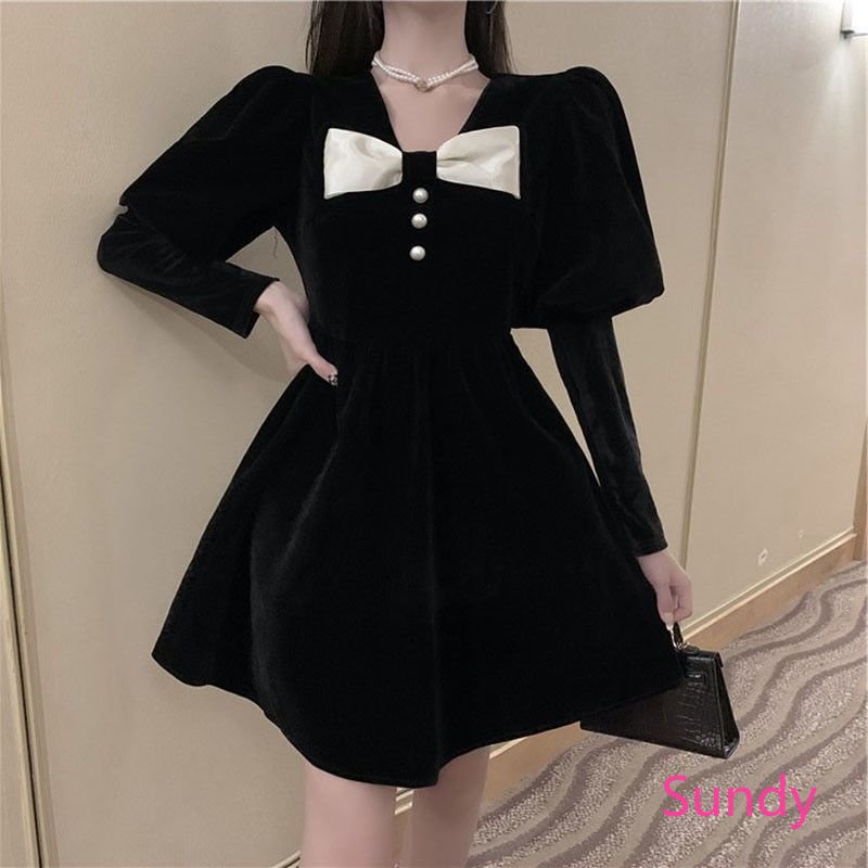 Đầm Nhung Tay Phồng Đính Nơ Thời Trang Thu Đông Cho Nữ