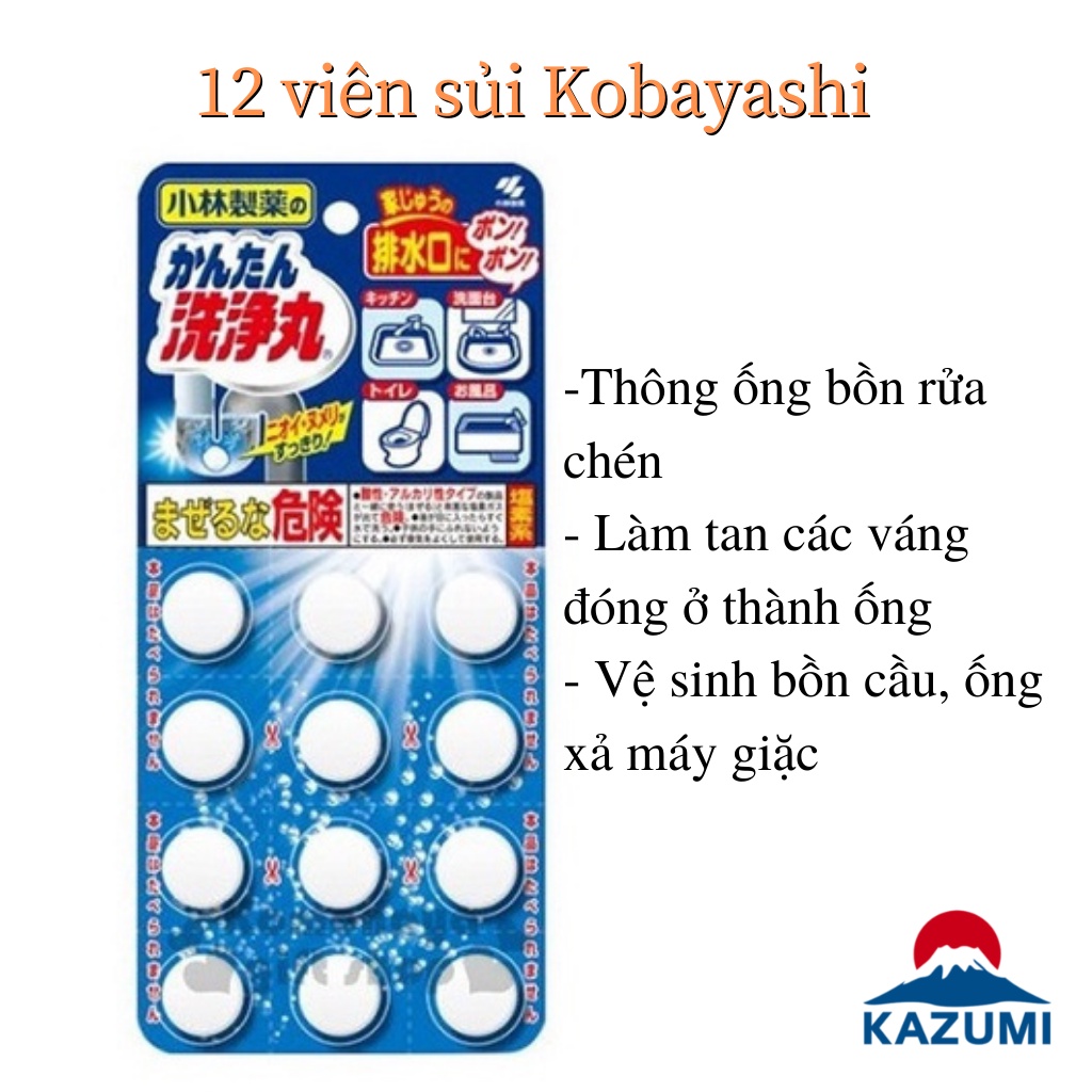 Viên Nén Sủi Kobayashi Nhật Thông Tắc Đường Ống, Bồn Rửa 12 Viên