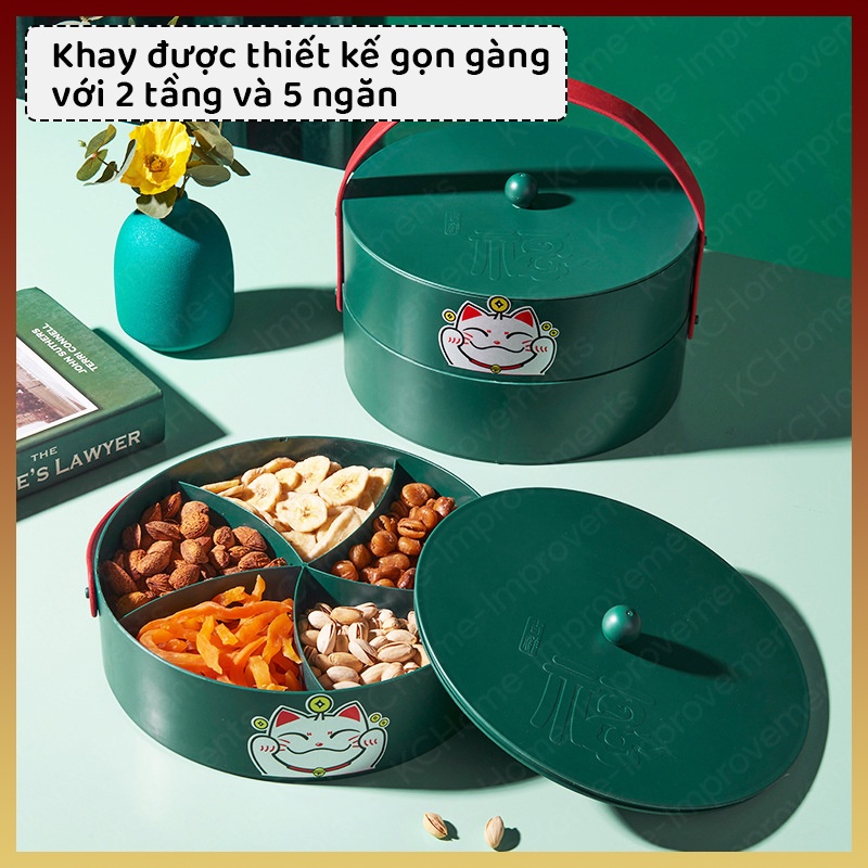Khay Mứt Tết Đựng Bánh Kẹo 2 Tầng, Mèo Thần Tài May Mắn, Có Quai Tiện Lợi, KC Home