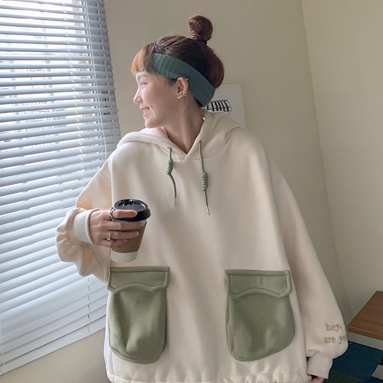 Áo hoodie tay dài dáng rộng phối lông màu sắc thời trang cho nữ