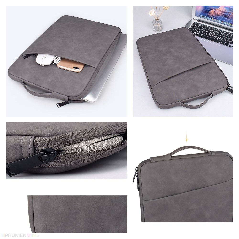 Túi chống sốc laptop SmileBox 2 ngăn có quai xách đứng, vân da mịn chống thấm cho macbook pro, laptop 13 inch, 14 inc...