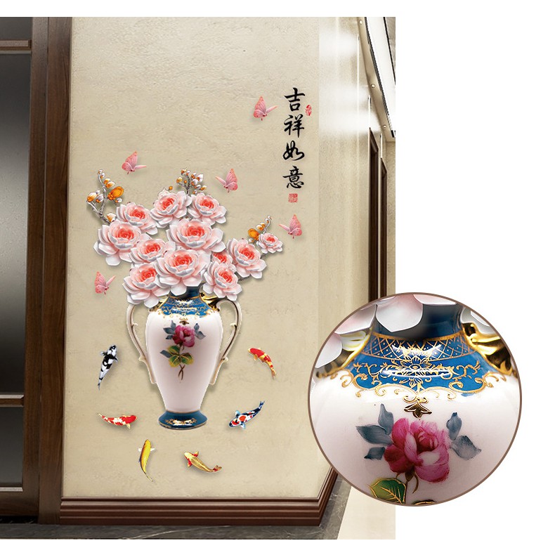 Decal trang trí tường - Chậu Hoa MẪU ĐƠN HỒNG TRẮNG NHẠT 3D quý phái sắc màu