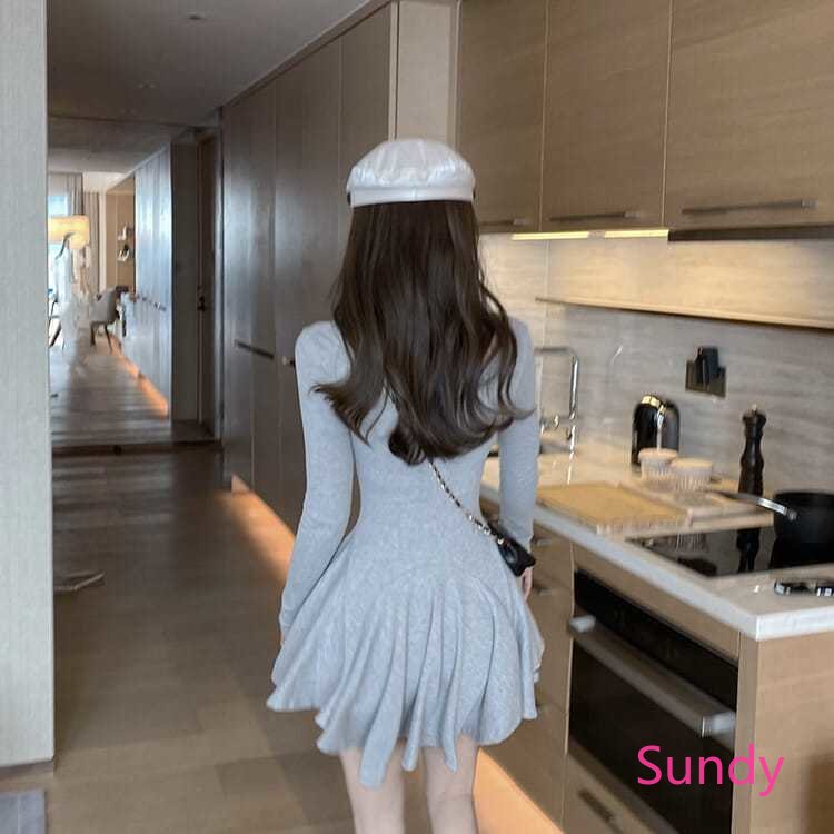 Đầm Chữ A Dài Tay Cổ Chữ V Thời Trang Thu Đông Hàn Quốc Cho Nữ