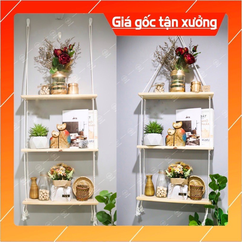 Kệ Treo Tường Dây Thừng Phong Cách Vintage Kệ Gỗ Trang Trí kích thước lớn 10x30cm loại 3 tầng