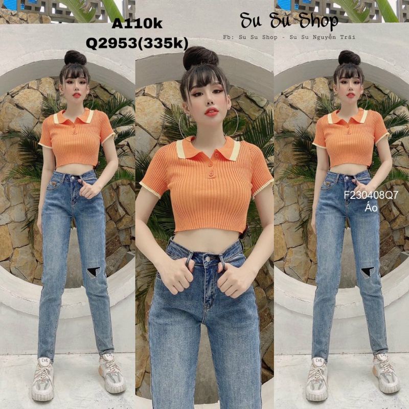 Áo len croptop tăm cúc cổ bẻ mongtoghi hàng Quảng Châu 2304