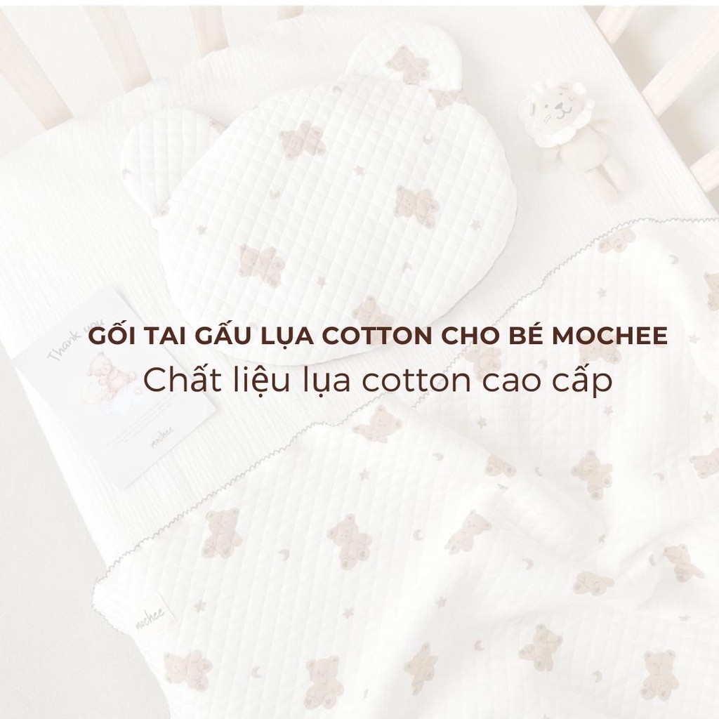 Gối tai gấu lụa cotton Mochee cho bé họa tiết mềm mại