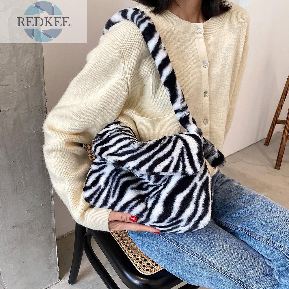 Redkee Casual Zebra Pattern Shoulder Envelope Bag Women Plush Big Capacity Satchel