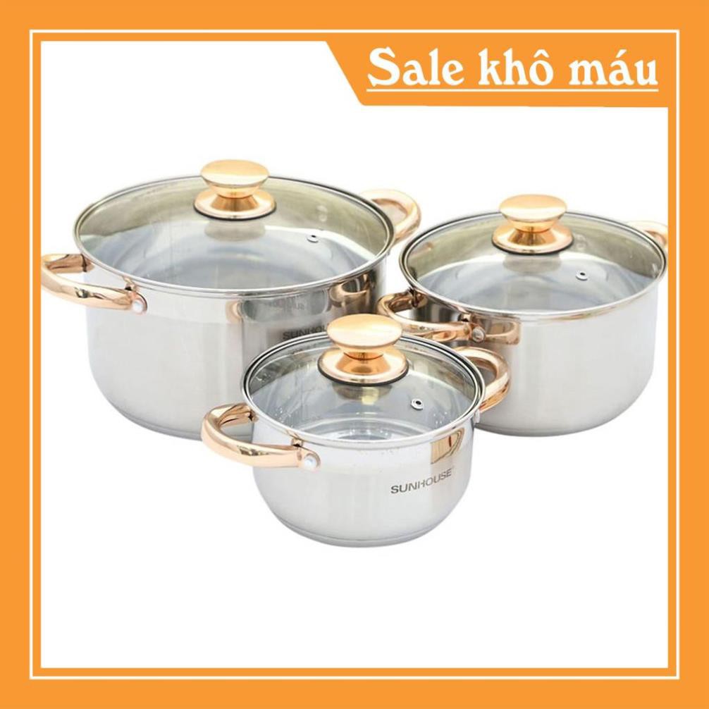 Bộ nồi Sunhouse SH781, Bộ nồi inox SH781, 5 đáy dùng cho bếp từ, 3 nồi kích thước: 16cm, 20cm, 24cm. Phù hợp với mọibeep