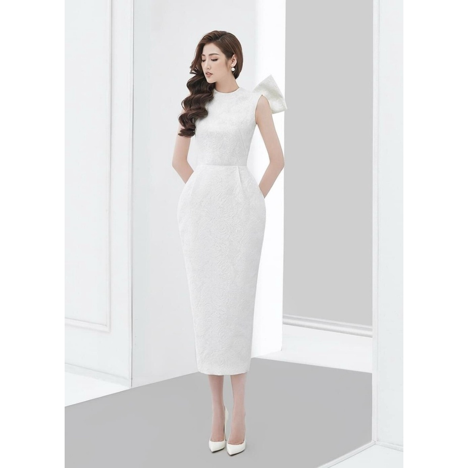 Đầm gấm ôm body sát nách nơ lưng đính ngọc (HÀNG CAO CẤP ĐẸP Y HÌNH) kèm ảnh thật