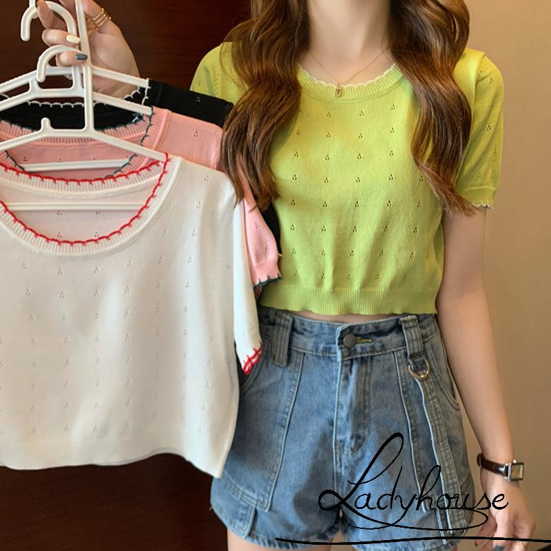 Áo Croptop Dệt Kim Tay Ngắn Cổ Tròn Màu Sắc Tương Phản Thời Trang Cho Nữ