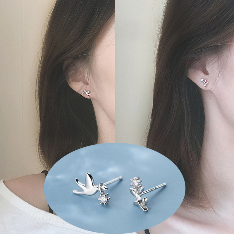 Bông Tai Bạc Fashion CZ Sweet Lovely Birds Peace Dove Silver Animal Stud Earring for Women Jewelry Gifts