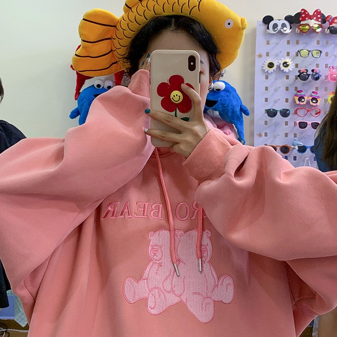 Áo khoác hoodie lót nhung dày dặn dáng rộng in hình gấu phong cách Hàn Quốc vintage dễ thương cho nữ | BigBuy360 - bigbuy360.vn