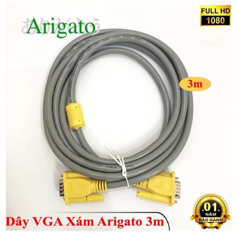 Dây VGA xám dài 1.5m 3m 5m 10m Arigato chất lượng cao bảo hành 3 tháng shop BUNOC's