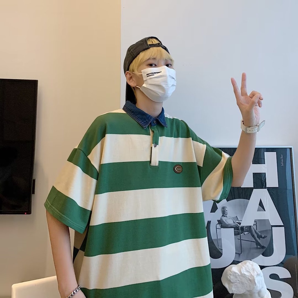 Áo Thun POLO Tay Ngắn Dáng Rộng Thoáng Khí In Họa Tiết Kẻ Sọc Phong Cách hip hop Đường Phố Hàn Quốc Thời Trang Mùa Hè Cho Nam