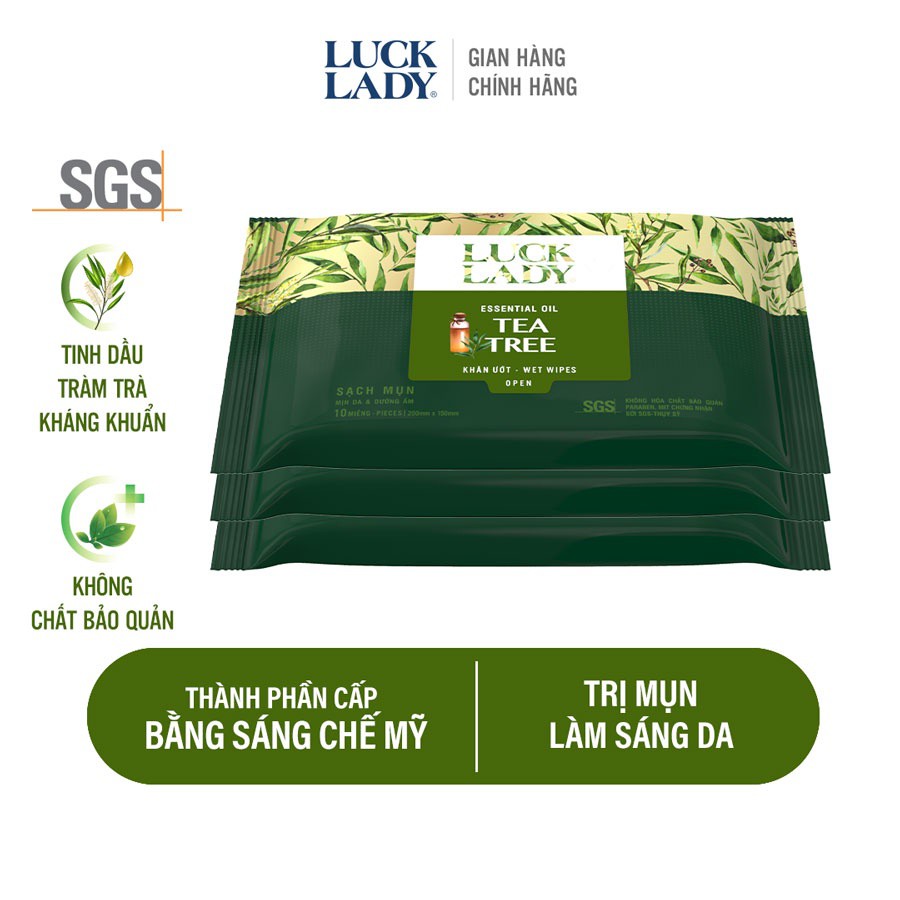 Khăn ướt ngừa mụn, mềm mịn da Luck Lady Tea Tree 10 tờ/gói - Combo 3 gói