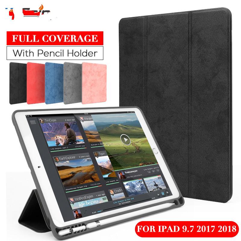 Apple iPad 2018 9.7 2017 with Pencil Holder Silicone Soft Fabric Cover +TPU Back Vintage Smart Case