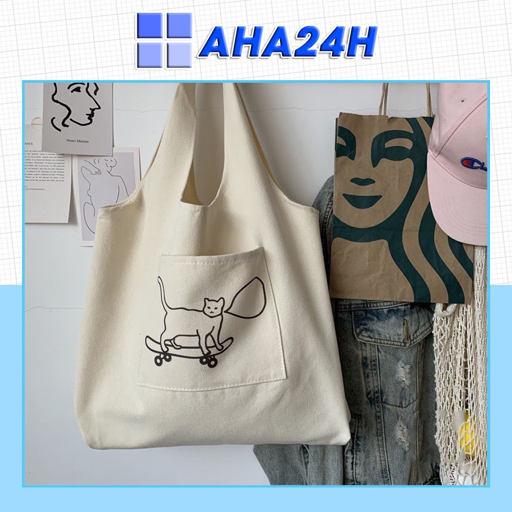 Túi tote vải canvas đi học đi chơi có túi nhỏ xinh in MÈO trượt patin AH1637