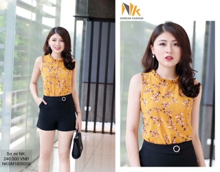Sơ mi hoa sát nách nhún cổ